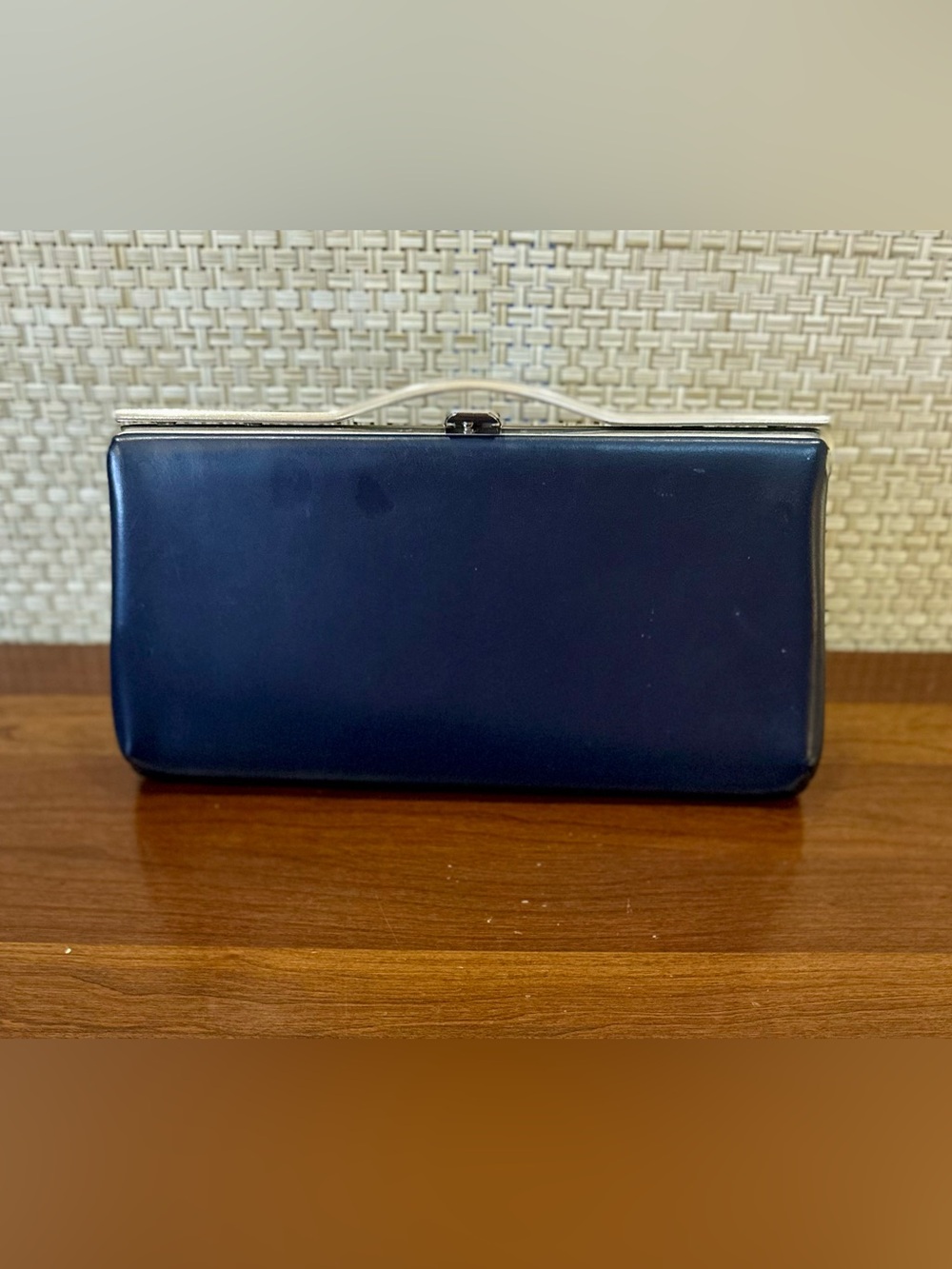 VTG 1960s-70s Mid-Century Navy Blue Faux Leather & Silver Frame Clutch Bag